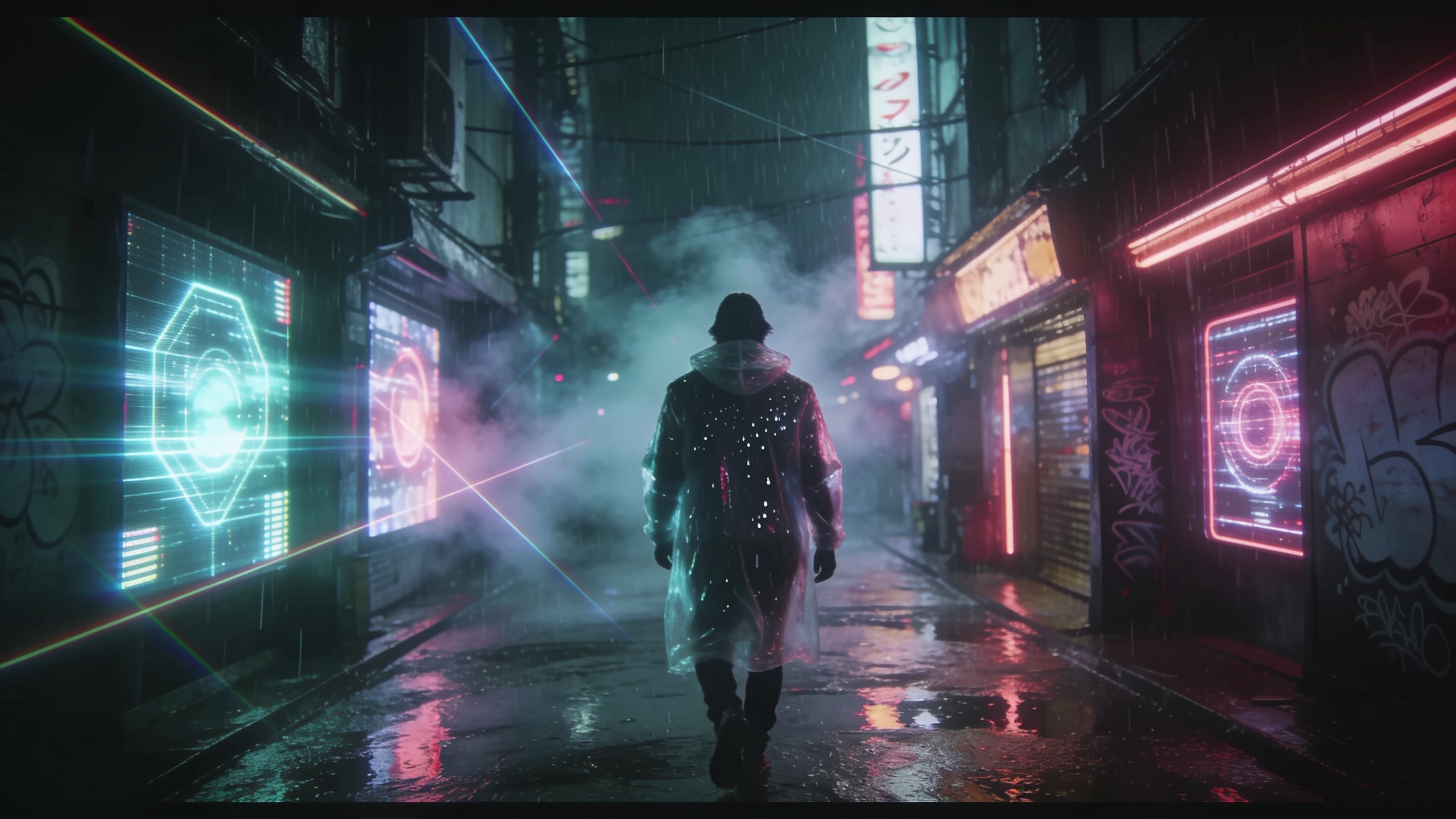 Cinematic neon cyberpunk alley at night — the kind of sci-fi frame a Grok Imagine text-to-video prompt is built to produce