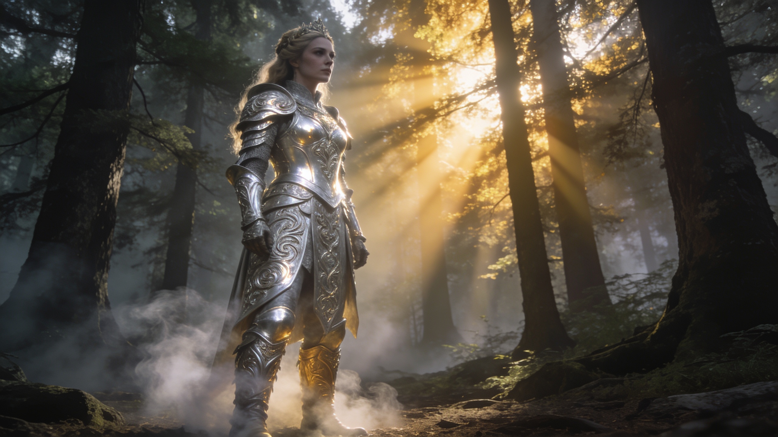 Warrior queen in silver armor in a misty forest — a character-driven scene of the kind you'd create across Grok Imagine's image and video modes